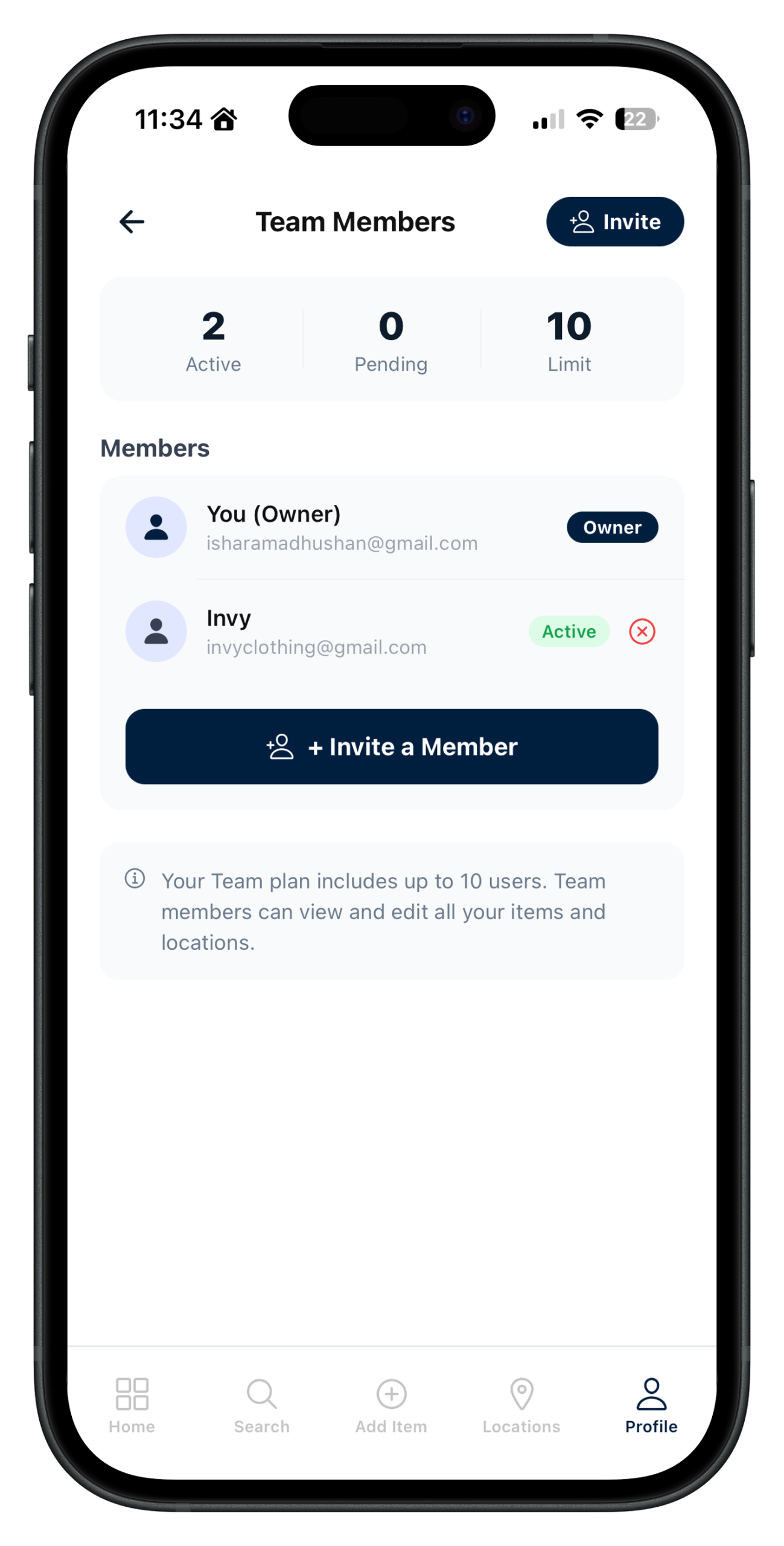 Finder Team members screen