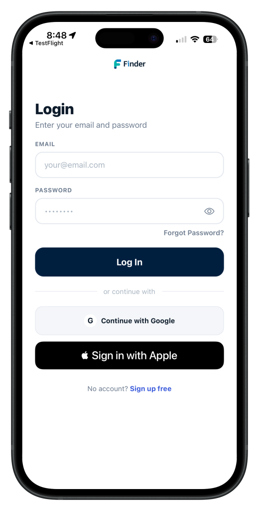 Finder app home screen