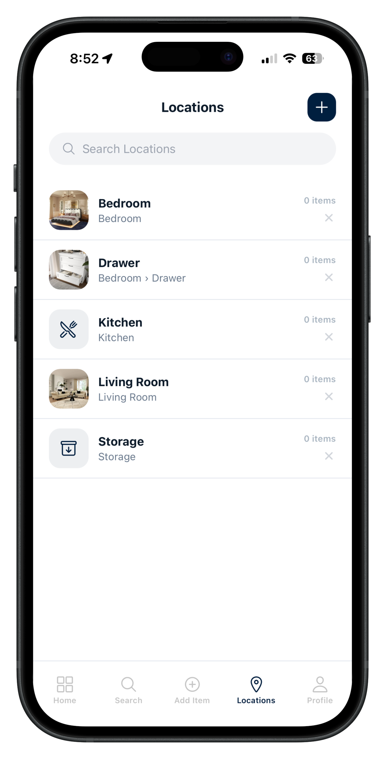Finder app locations screen showing rooms and storage areas