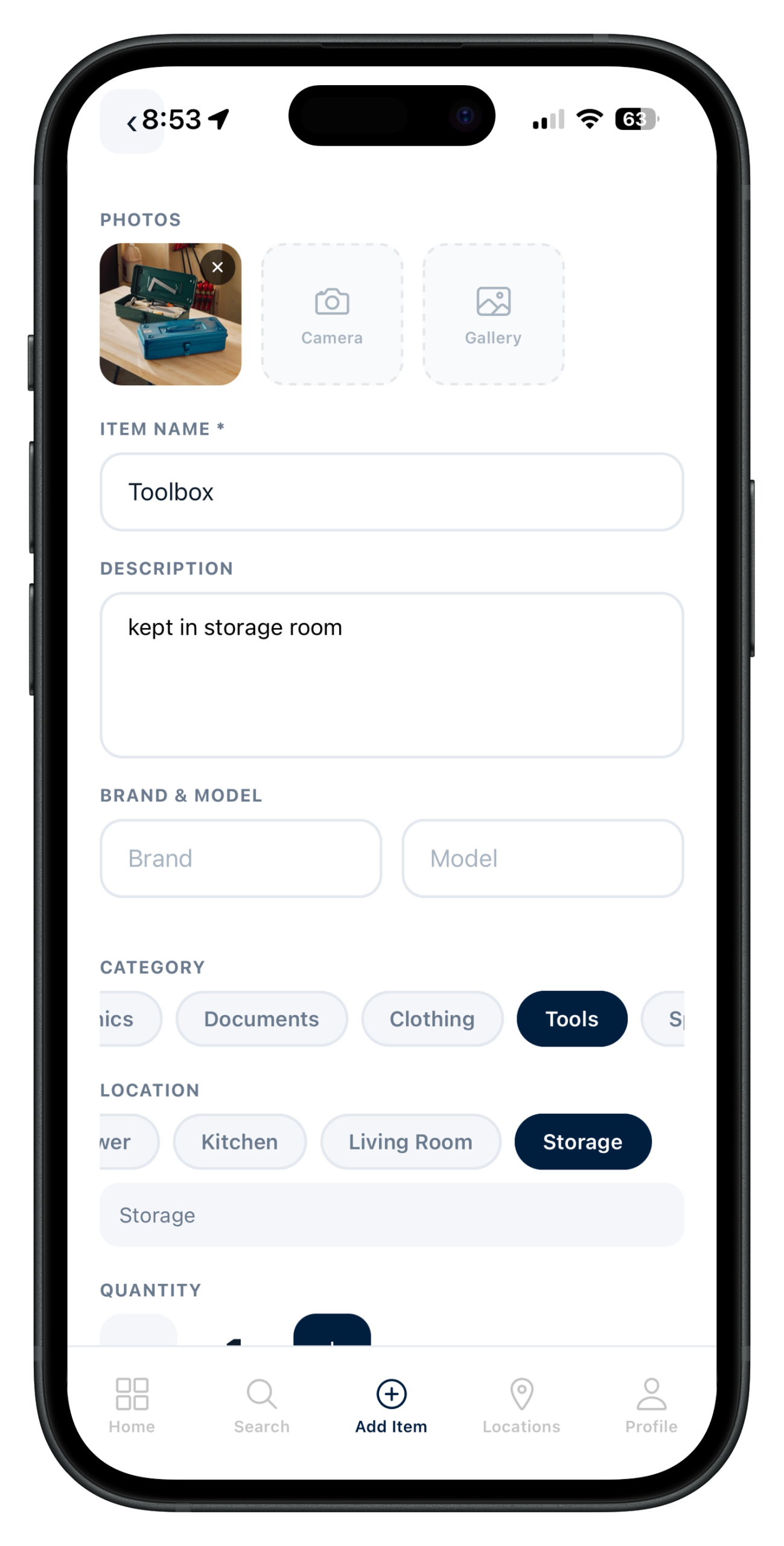 Finder app add item screen with photo, name, and location fields