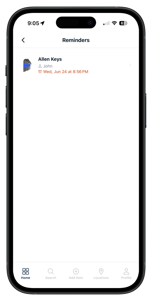 Finder app reminders screen