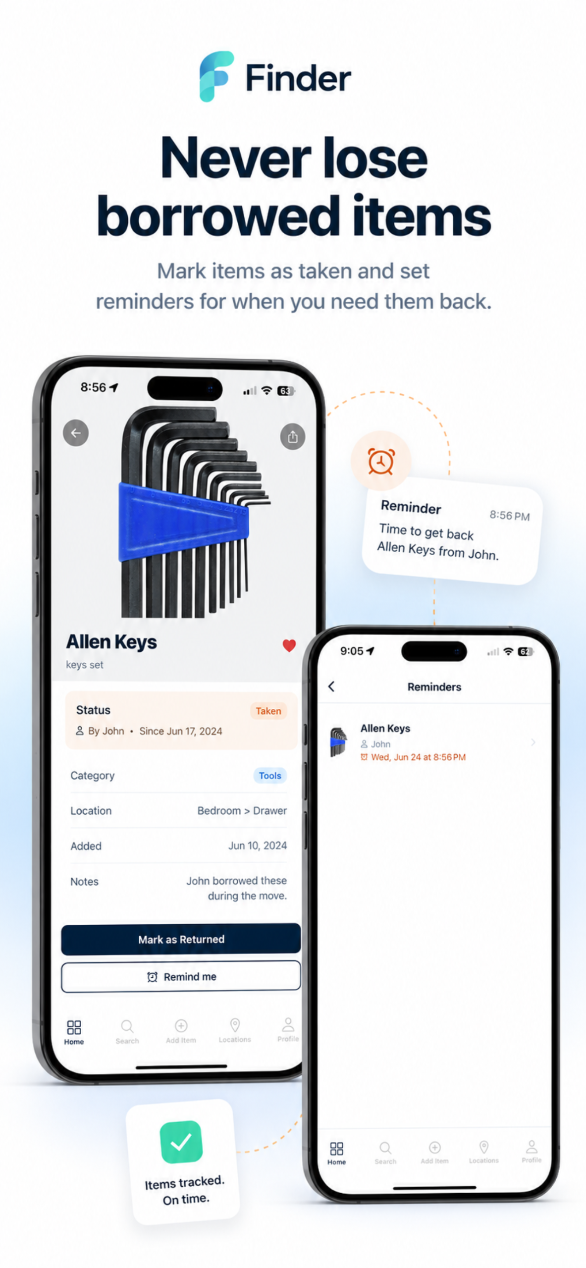 Finder app showing borrowed item tracking with reminder notification