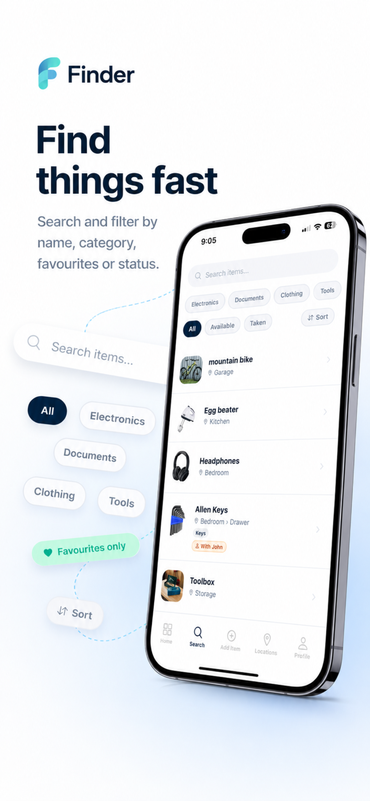 Finder app search screen with category and status filters