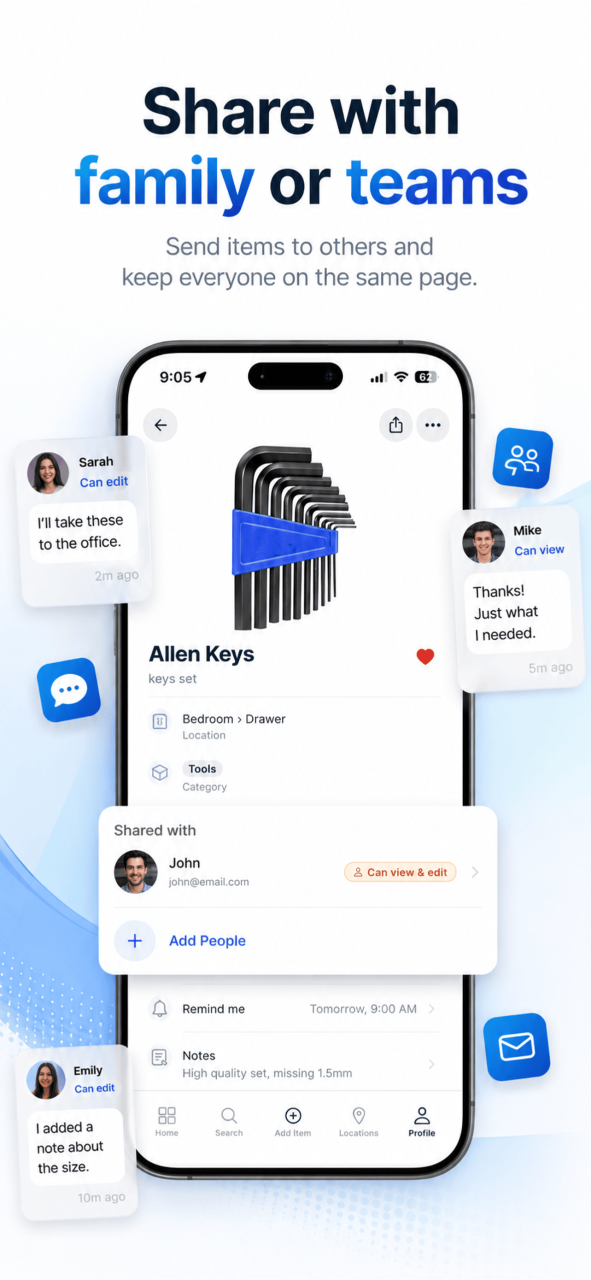Finder app sharing screen showing household members with view and edit permissions